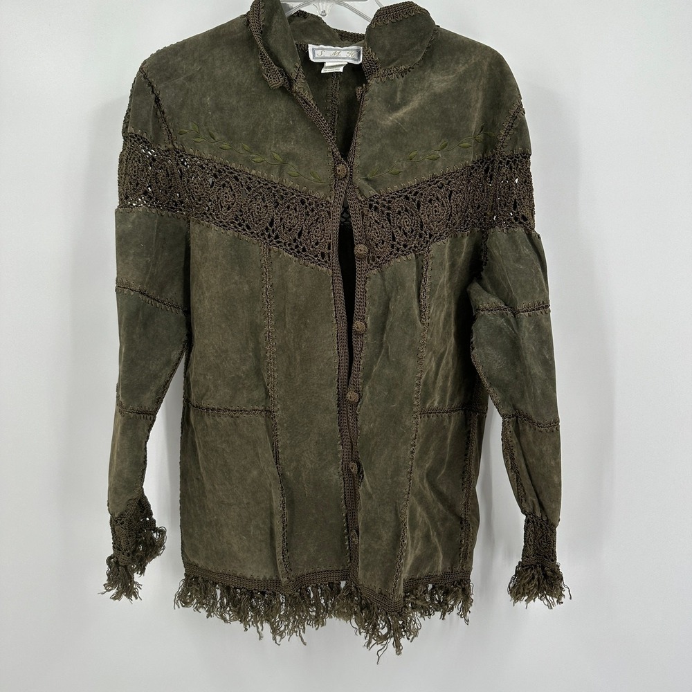 Womens Vintage Boho Suede Crochet Jacket Size 8 Olive Green Leather Fringe